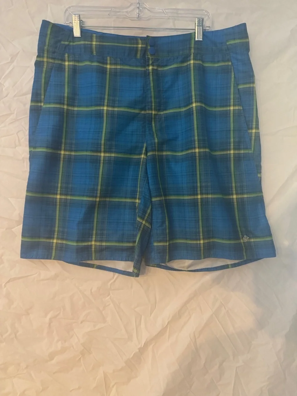 Columbia Blue Plaid Swim Board Shorts with Lime Accents